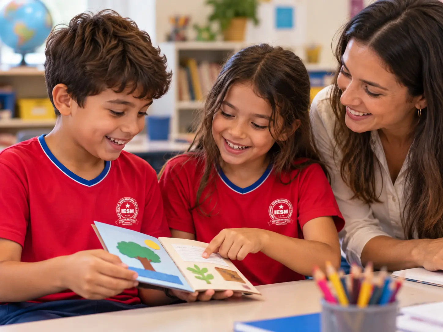 Crianças com camisetas vermelhas lendo com uma educadora
