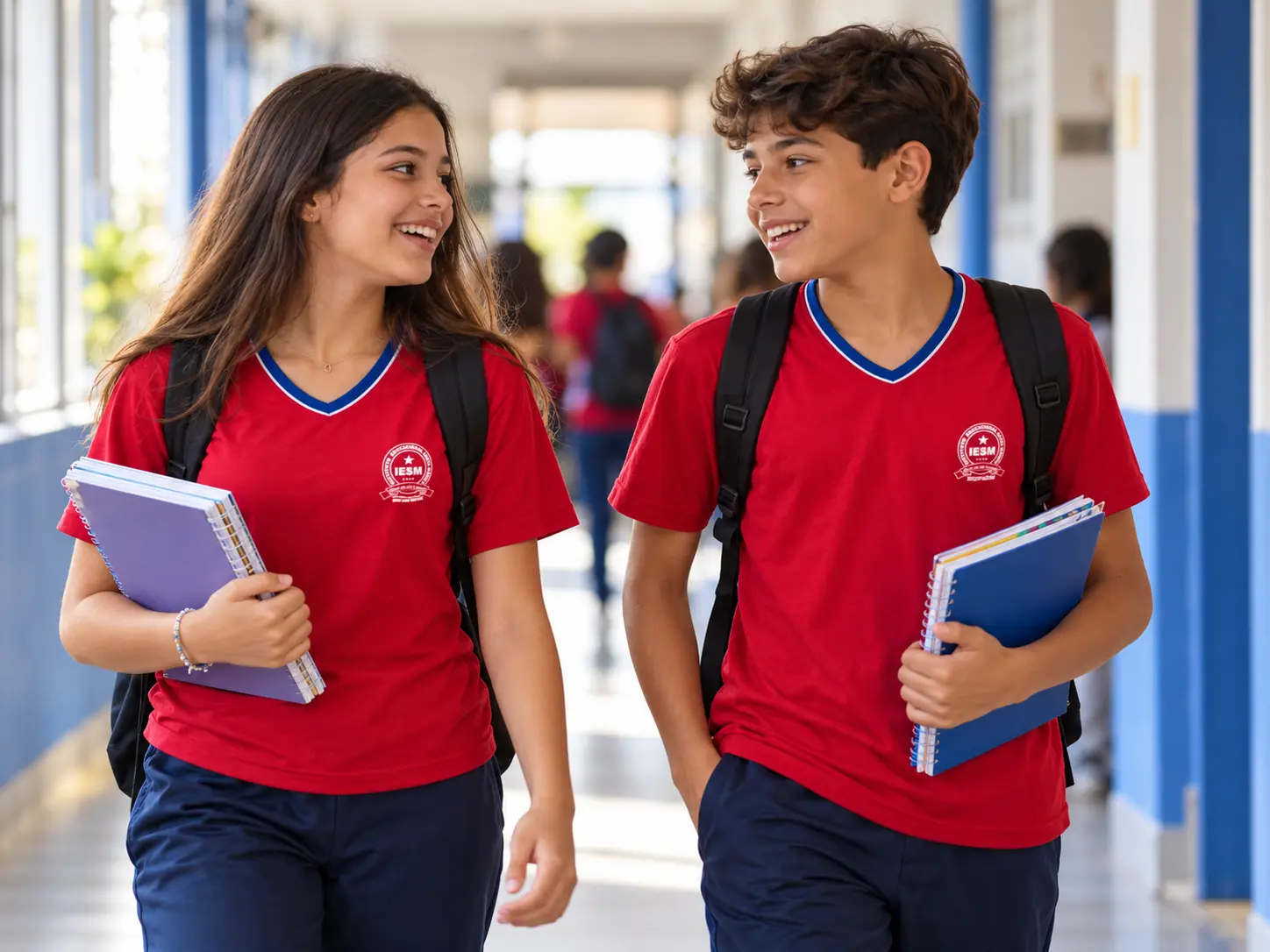 Dois adolescentes com camisetas vermelhas conversando com cadernos