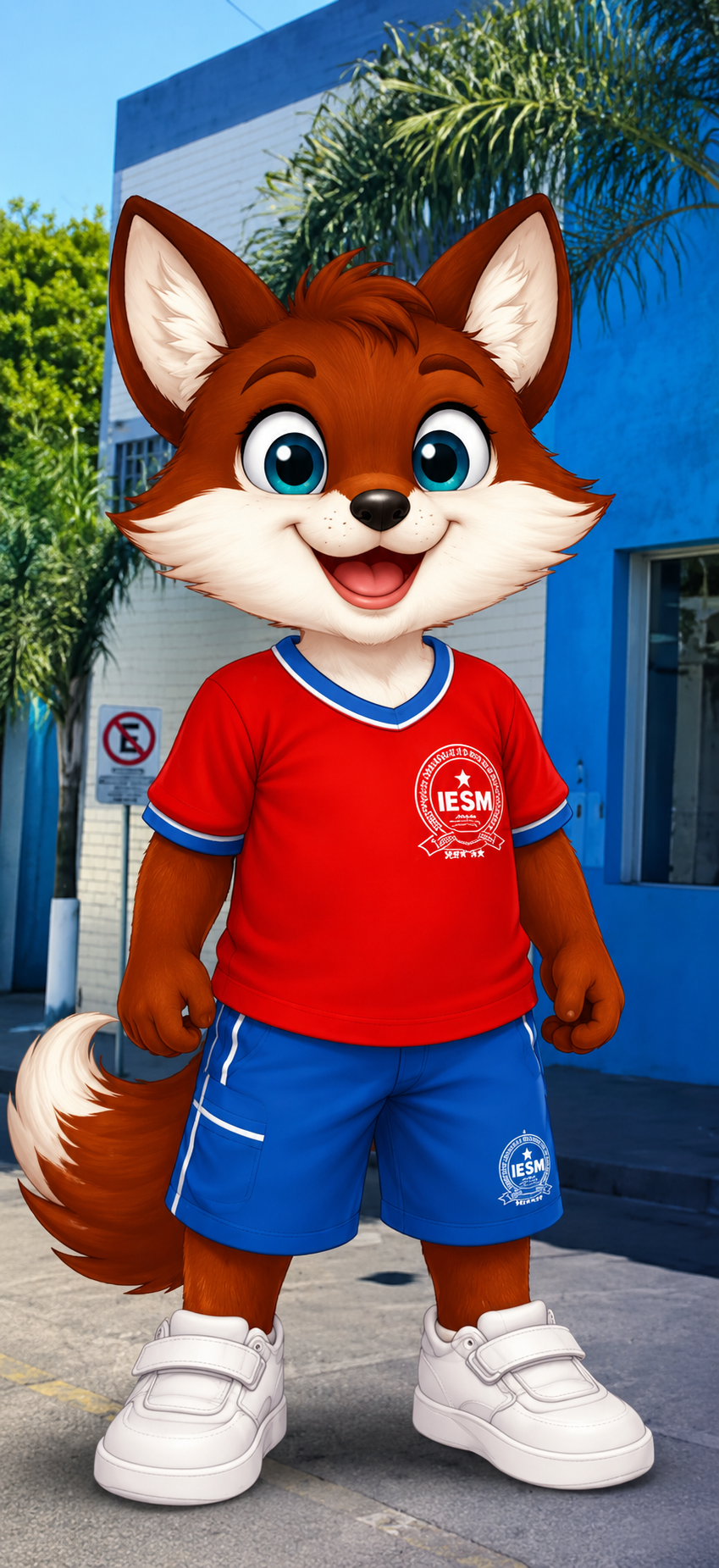 Raposa mascote do IESM de corpo inteiro, com uniforme azul e vermelho